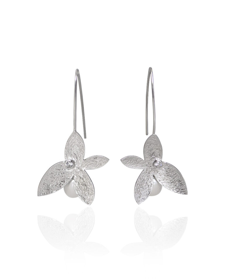 Matte Silver Floral Pearl Earrings