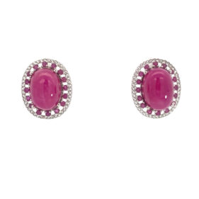 Vintage Cluster Halo Cabochon Ruby Earrings