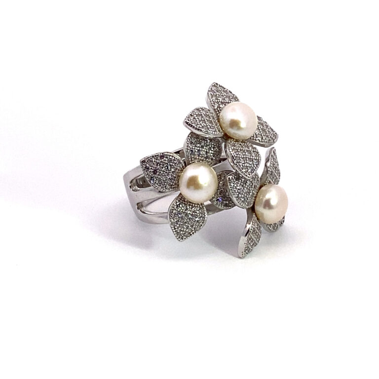 Triple Flower Cultured Pearl Ring