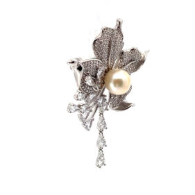 Pearl Floral Cubic Zirconia Drop Brooch
