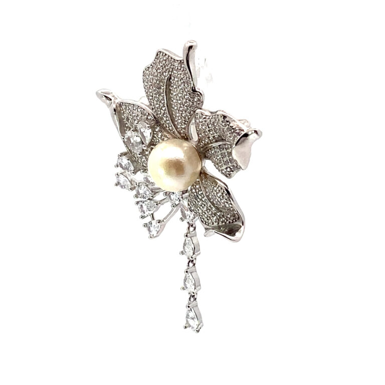 Pearl Floral Cubic Zirconia Drop Brooch